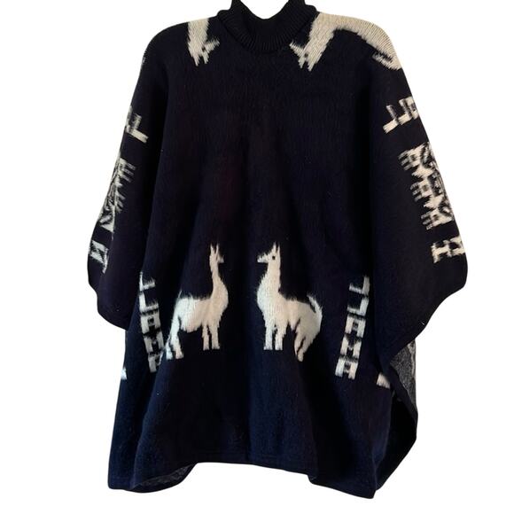 Llama INCA Print Navy Blue White Poncho Sweater Cape Boho Hippie Cozy Warm - Picture 5 of 11